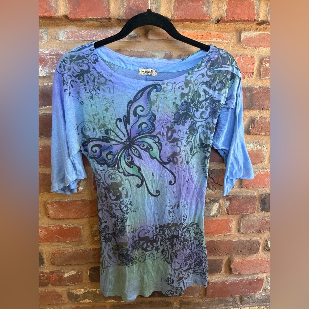 One World - Blue & Purple Butterfly Print Women's Top